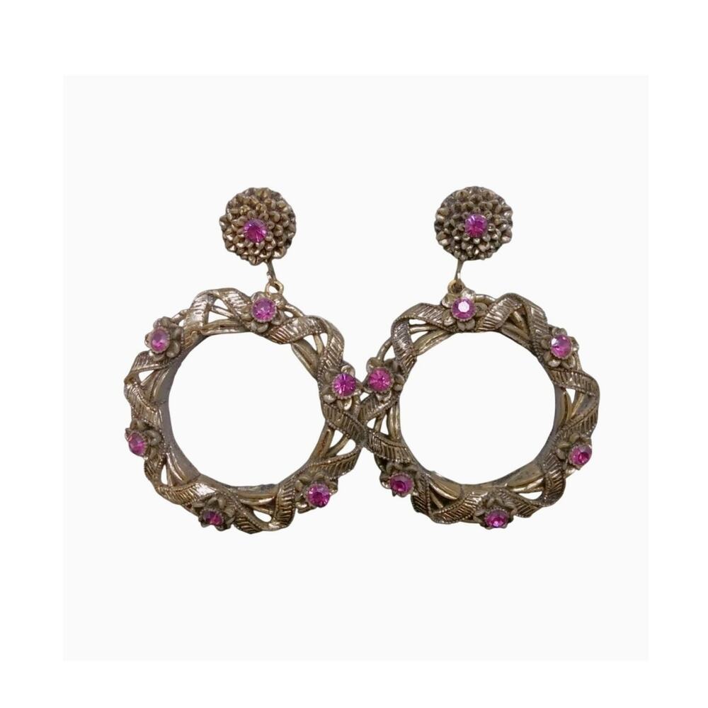 Vintage MCM Floral Hoop Earrings Carved Celluloid Wreath Amethyst Rhinestones